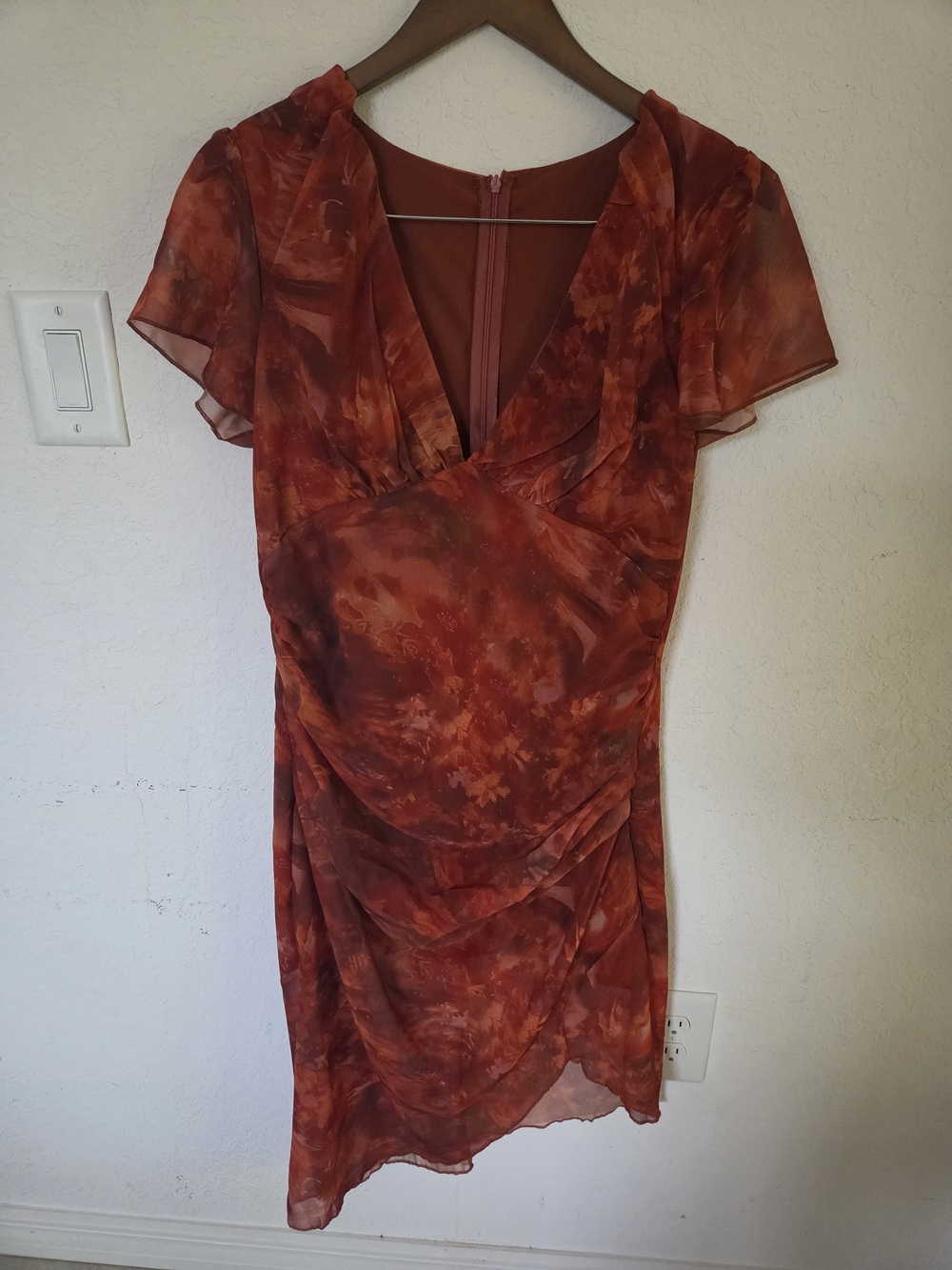 Fairycore Y2K Abstract Floral Chiffon Ruched Dress Rust Flutter Sleeve M L